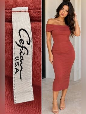Cefian Off-the-Shoulder Midi Dress in Brick Red